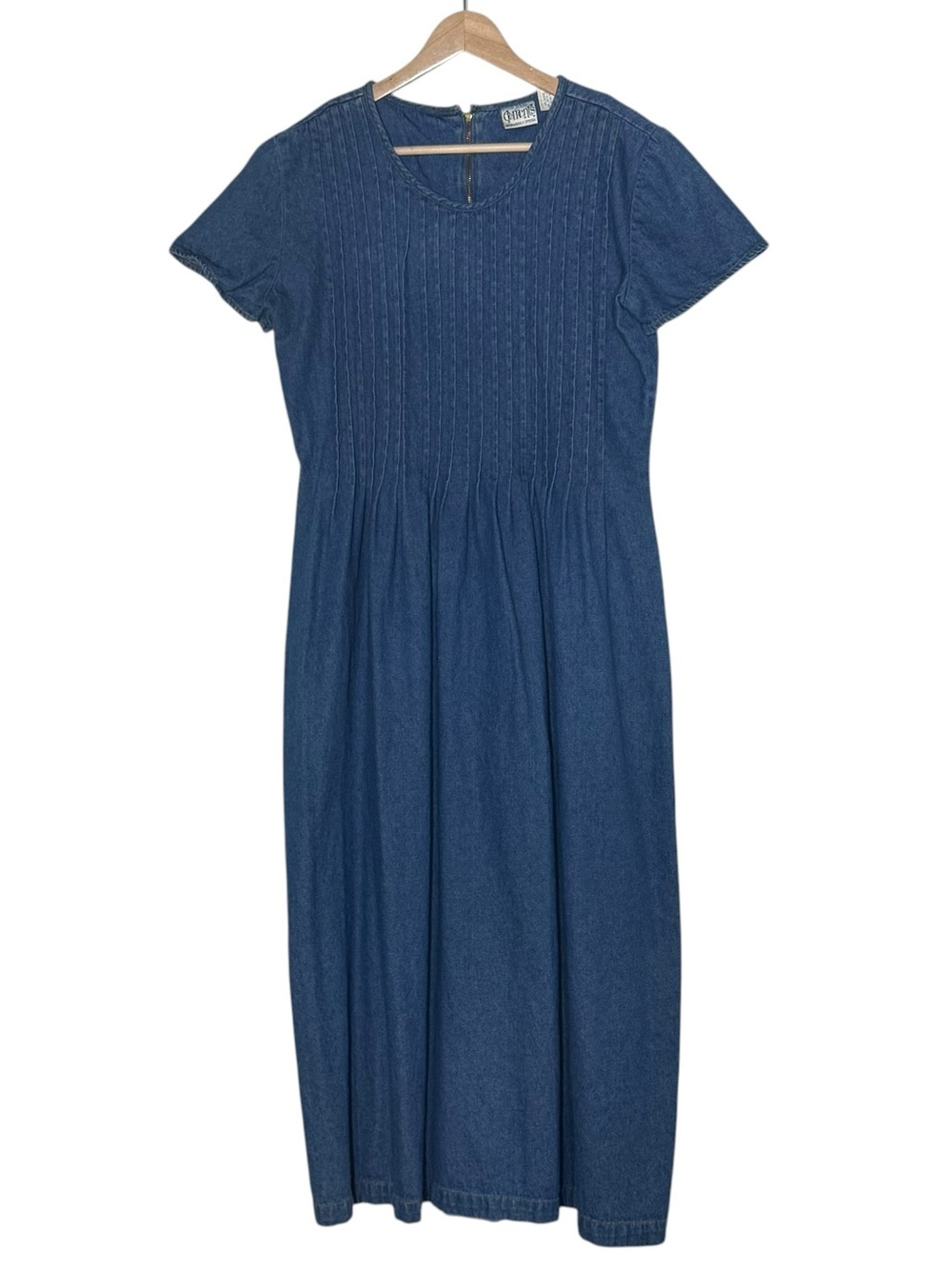Elements Spiegel VTG Denim Pleated Midi Dress Size L Back Tie Short Sleeve